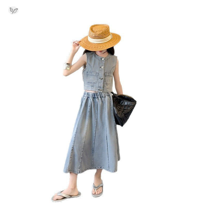 Children's Fashionable Vest Summer Medium Large Sleeveless Skirt Denim Children's Suit