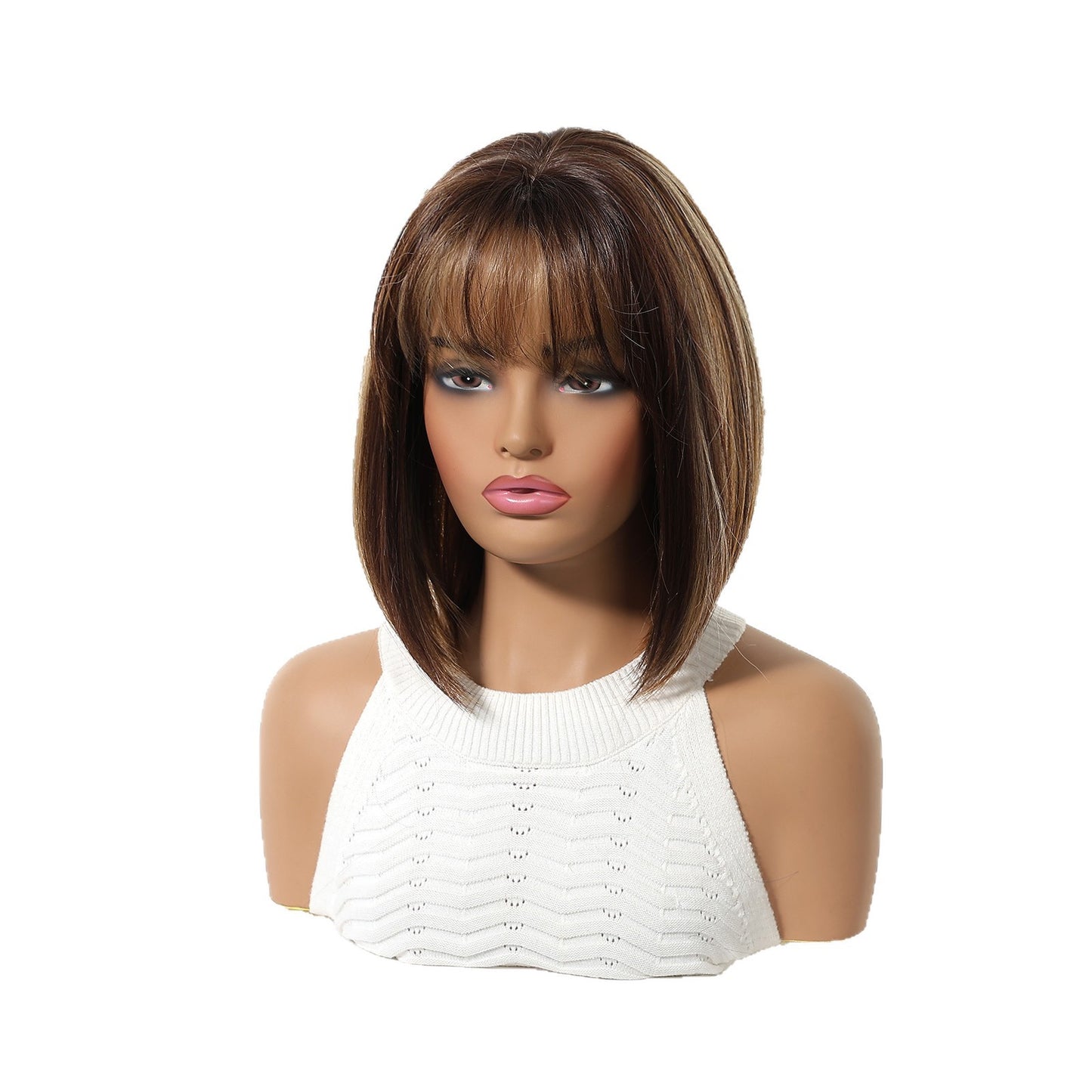 Gradient Brown Highlights Air Bangs Natural Realistic Chemical Fiber Full Wig Short Straight Hair