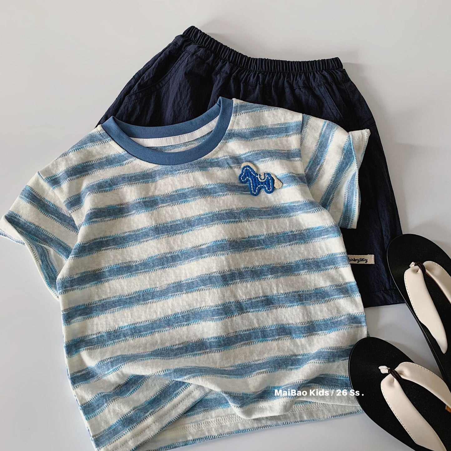 Children's Short-sleeved Summer Korean Style Striped Pony Round Neck Pullover Children's T-shirt