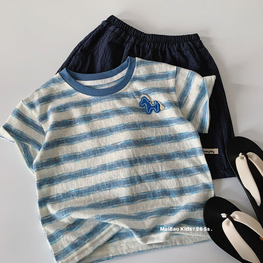 Children's Short-sleeved Summer Korean Style Striped Pony Round Neck Pullover Children's T-shirt