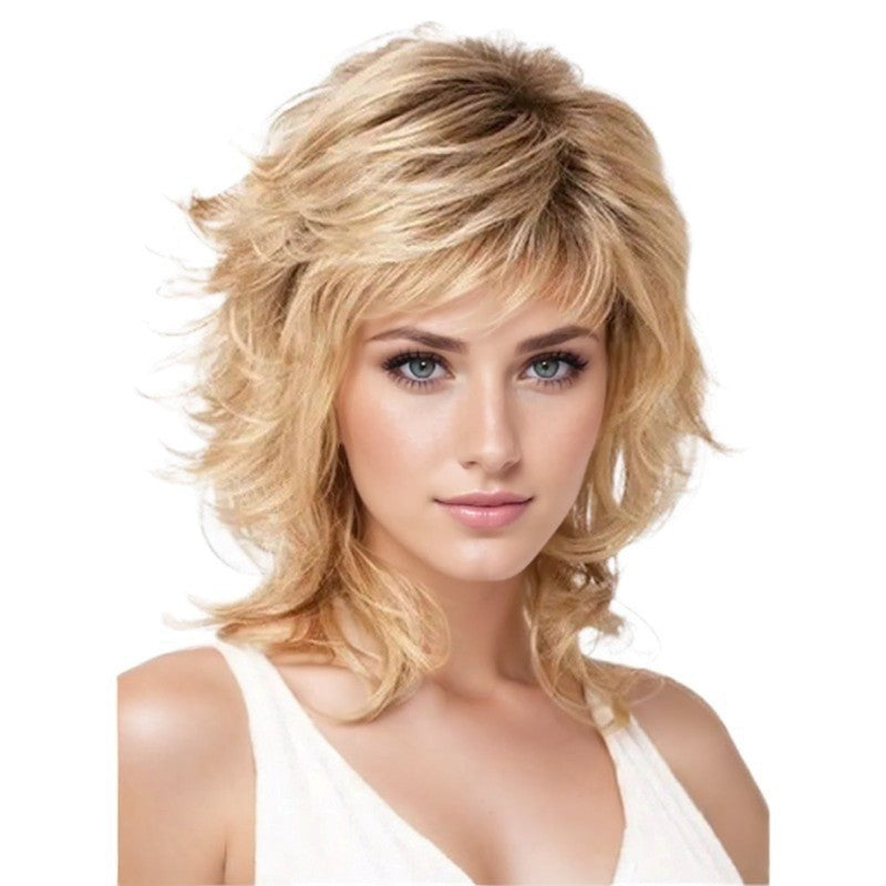 Women's & Men's Golden Curly Hair Fluffy Partial Side Bangs Wig Long Curls