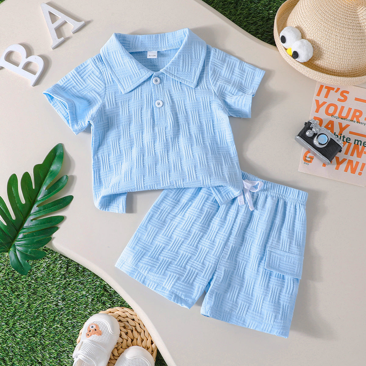 Boy Jacquard Short Sleeve Polo Collar Top Shorts Summer Daily Children's Suit