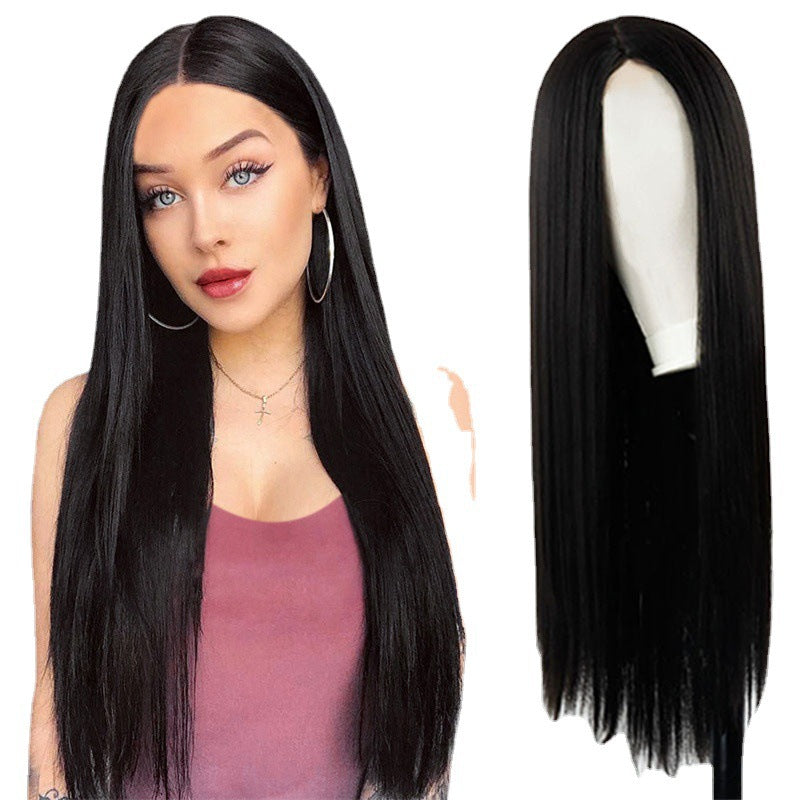 Women's Black Hair African Medium Chemical Fiber Long Straight Wig
