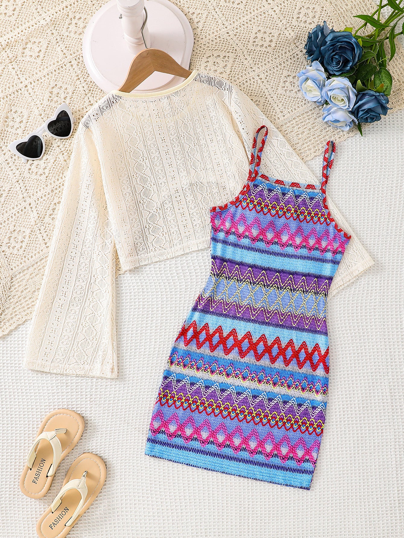Two-piece Set Vacation Style Sunscreen Shawl Bohemian Sweater Pattern Children's Dress