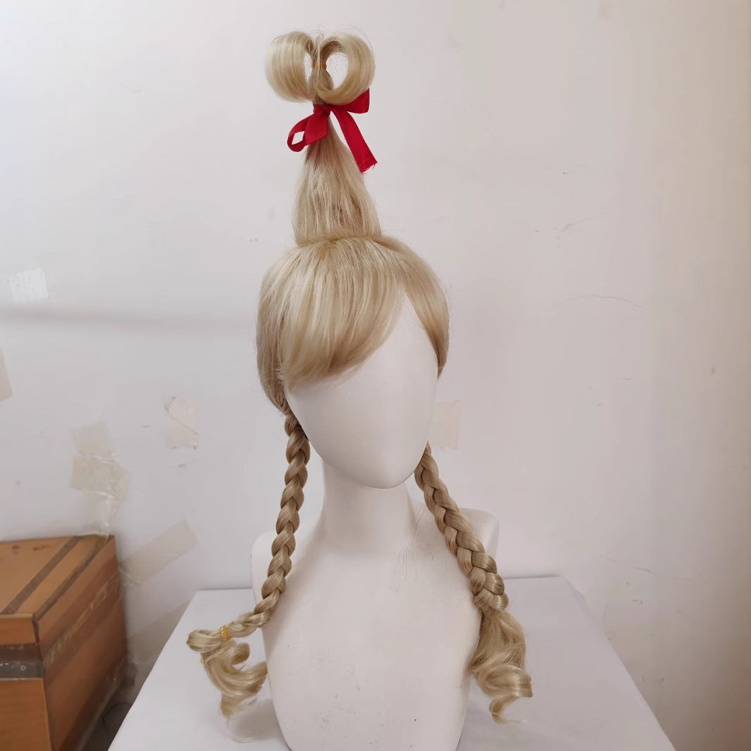 Graceful Christmas Golden Double Braid Female Cos Wig