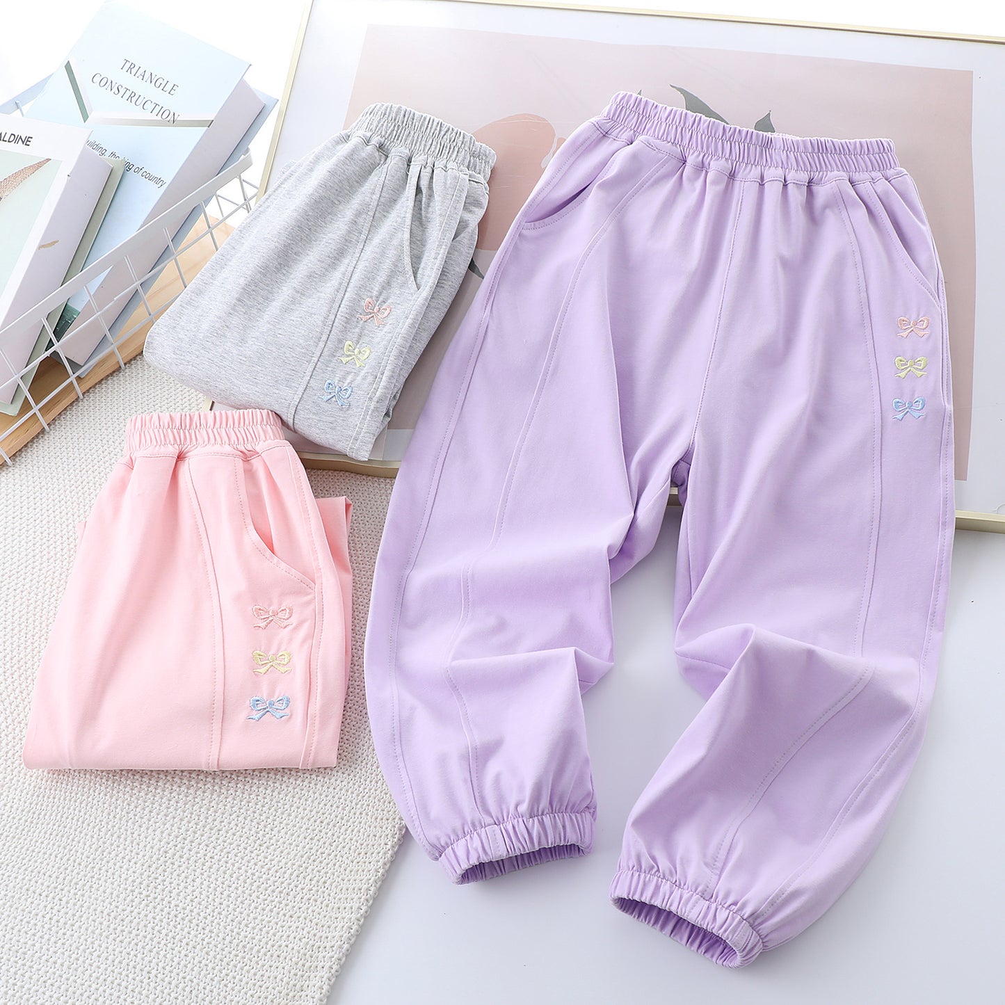 Children's Embroidery Bowknot Casual Korean Style Thin Children's Pants