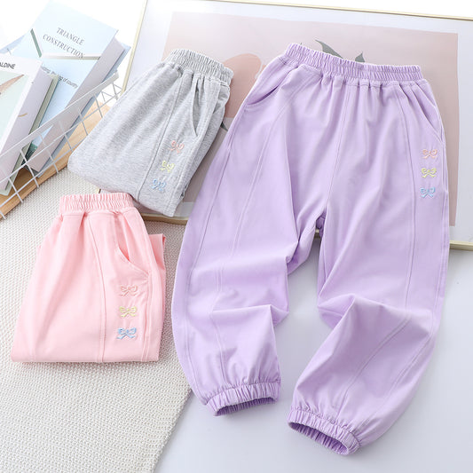 Children's Embroidery Bowknot Casual Korean Style Thin Children's Pants