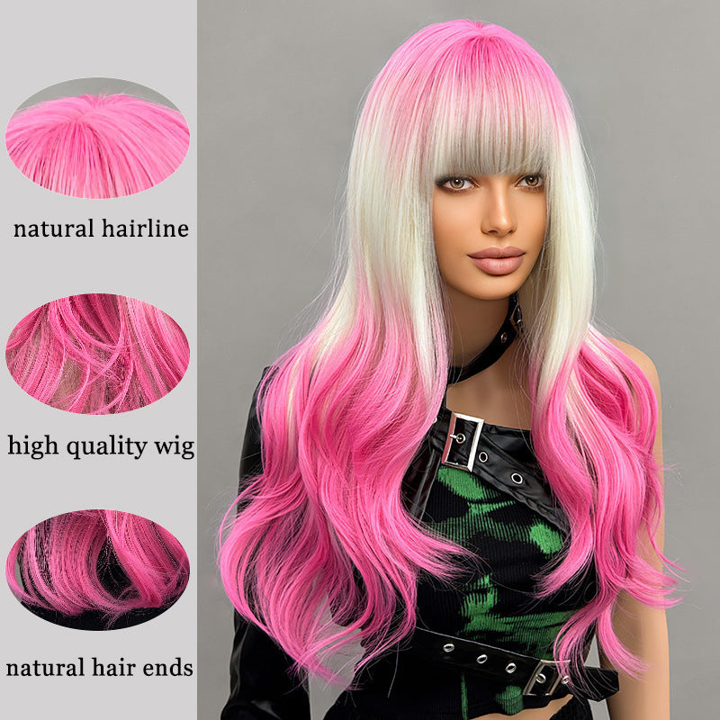 Women's Coffee Pink Gradient Headgear Chemical Fiber Wig Long Curls