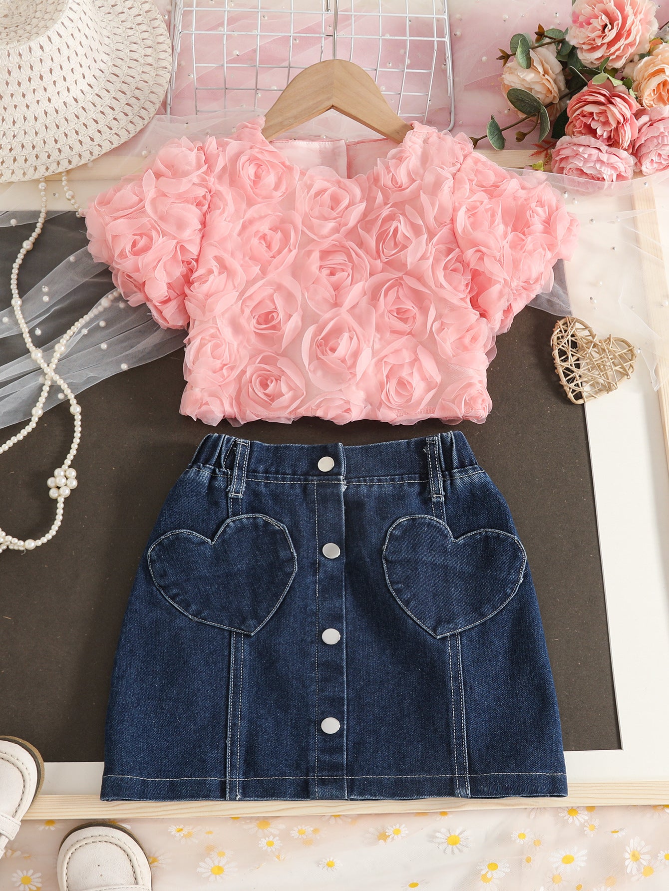 Three-dimensional Rose Short-sleeved Shirt Love Denim Skirt Children's Suit