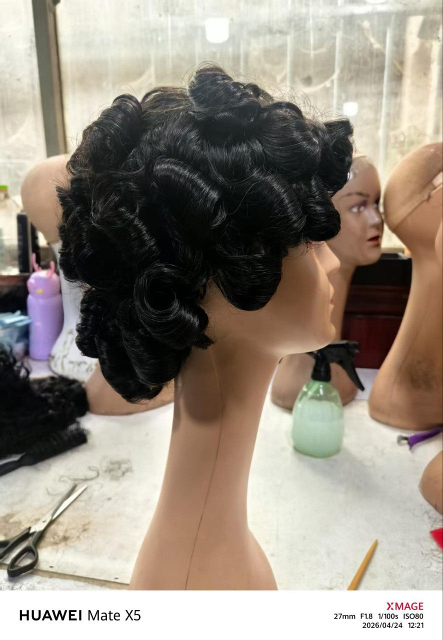 Lace Real Human Sheath Elf Head Wig Short Curly Hair