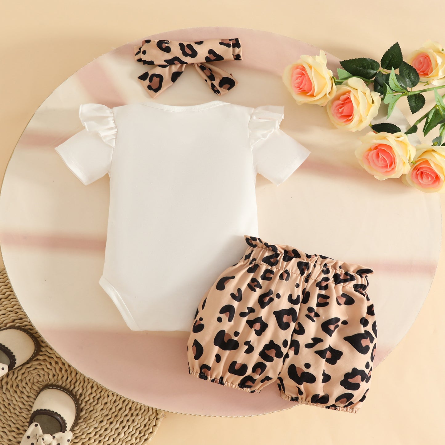 Cartoon Letter Short Sleeve Triangle Rompers Leopard Print Shorts Hair Children's Suit