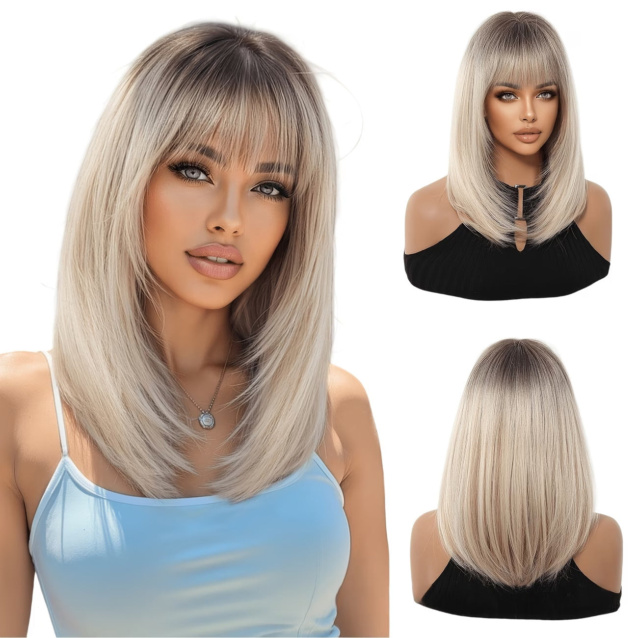 Gradient Blonde Root Dyed Black High Level Long Wig Short Straight Hair