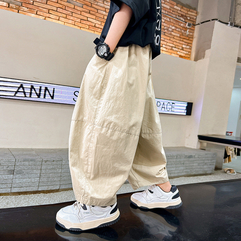 Older Boys Black Straight Lantern Overalls Summer Loose Children's Pants