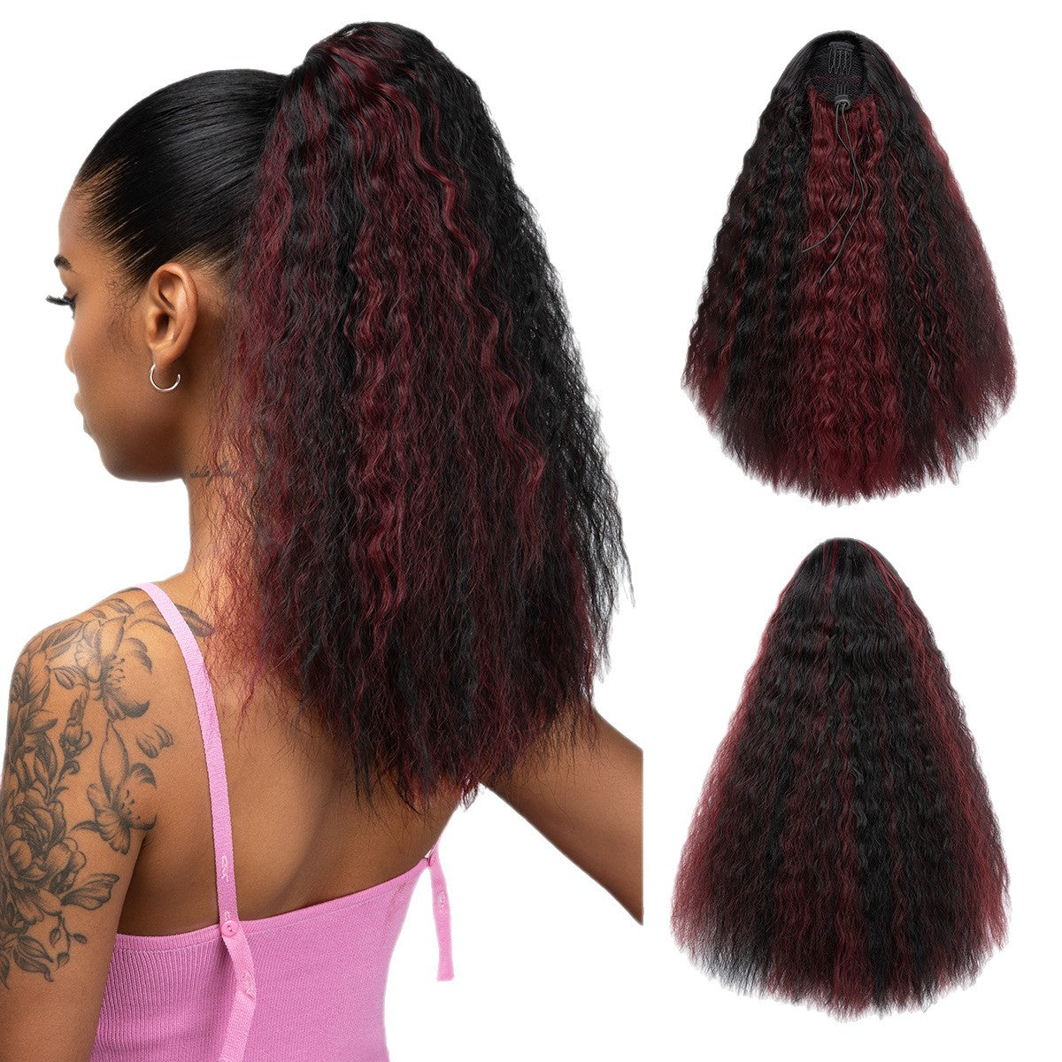 Corn Stigma Chemical Fiber Long Straight Hair Black Wig Ponytail