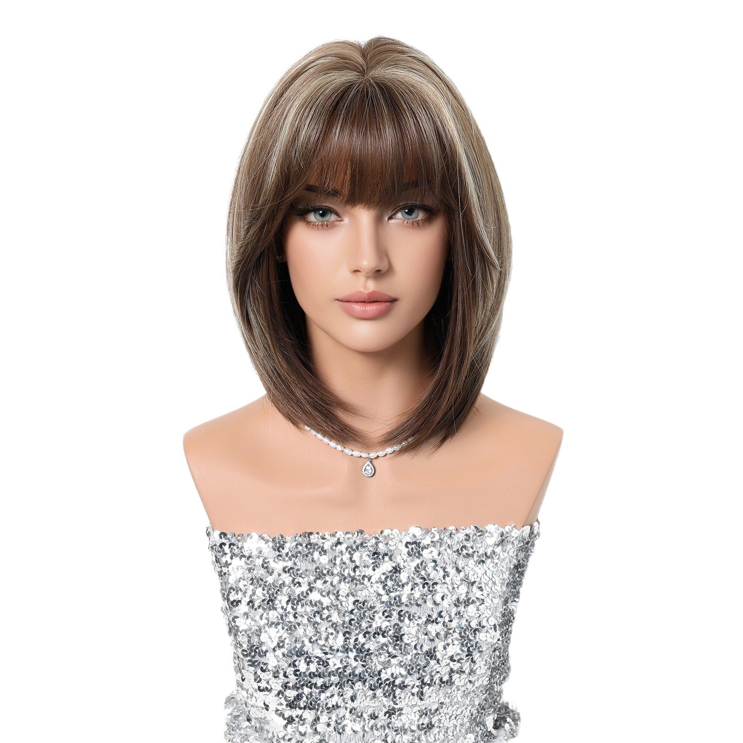 Bangs Elegant Female Wave Shoulder Dark Brown Natural Summer Breathable Wig Short Straight Hair