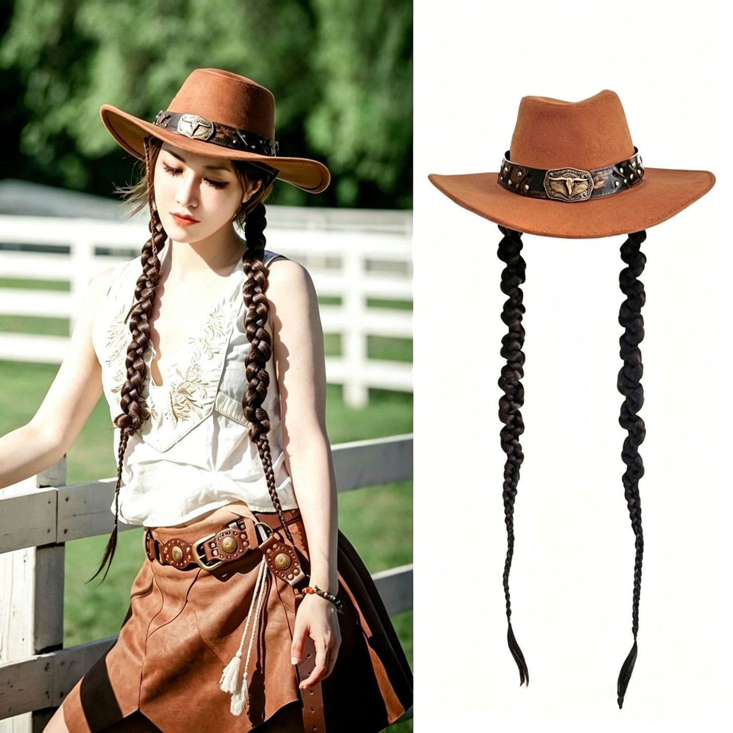 Hat Braid One-piece Ethnic Style Deerskin Suede Large Brim Floppy Other Wig