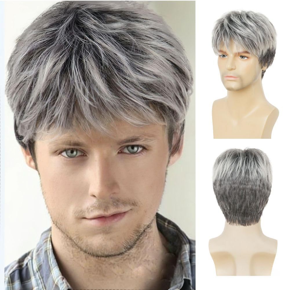 Men's Gray Layered Short Chemical Fiber Men's Wig