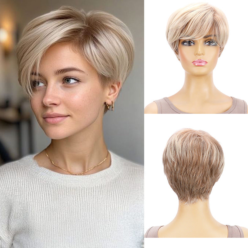 Women's Fashion Chemical Fiber Brown Partial Head Wig Short Straight Hair