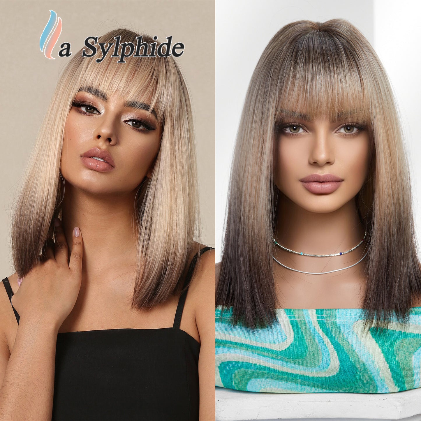 Women's Bangs Brown Gradient Sier Head Daily Wig Short Straight Hair