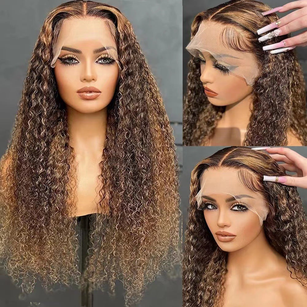 Front Lace Brown African Small Curly Hair Fiber Brazilian Curved Wig Long Curls