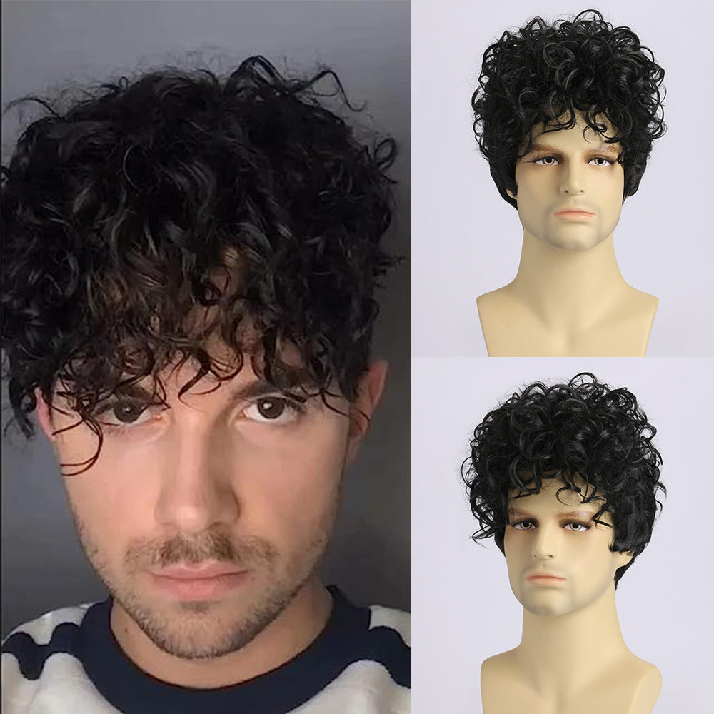 Men's Short Hair Fluffy Chemical Fiber Curly Head Men's Wig