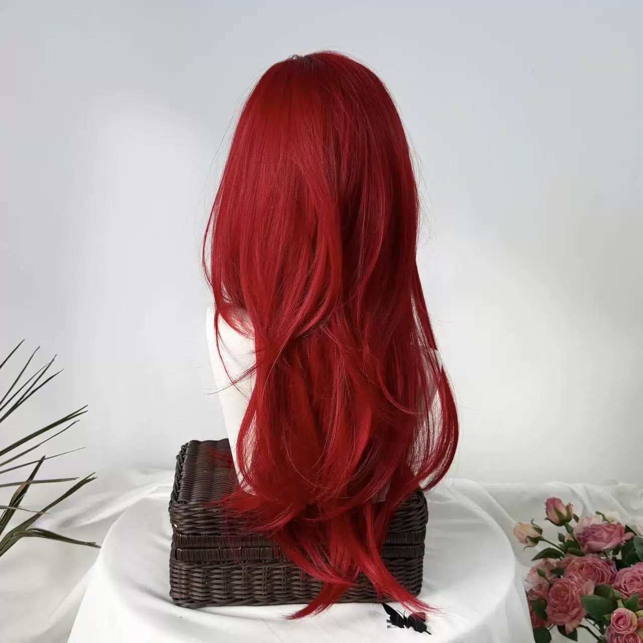 Women's King Red Bangs Hair Layered White Artificial Scalp Full Long Straight Wig