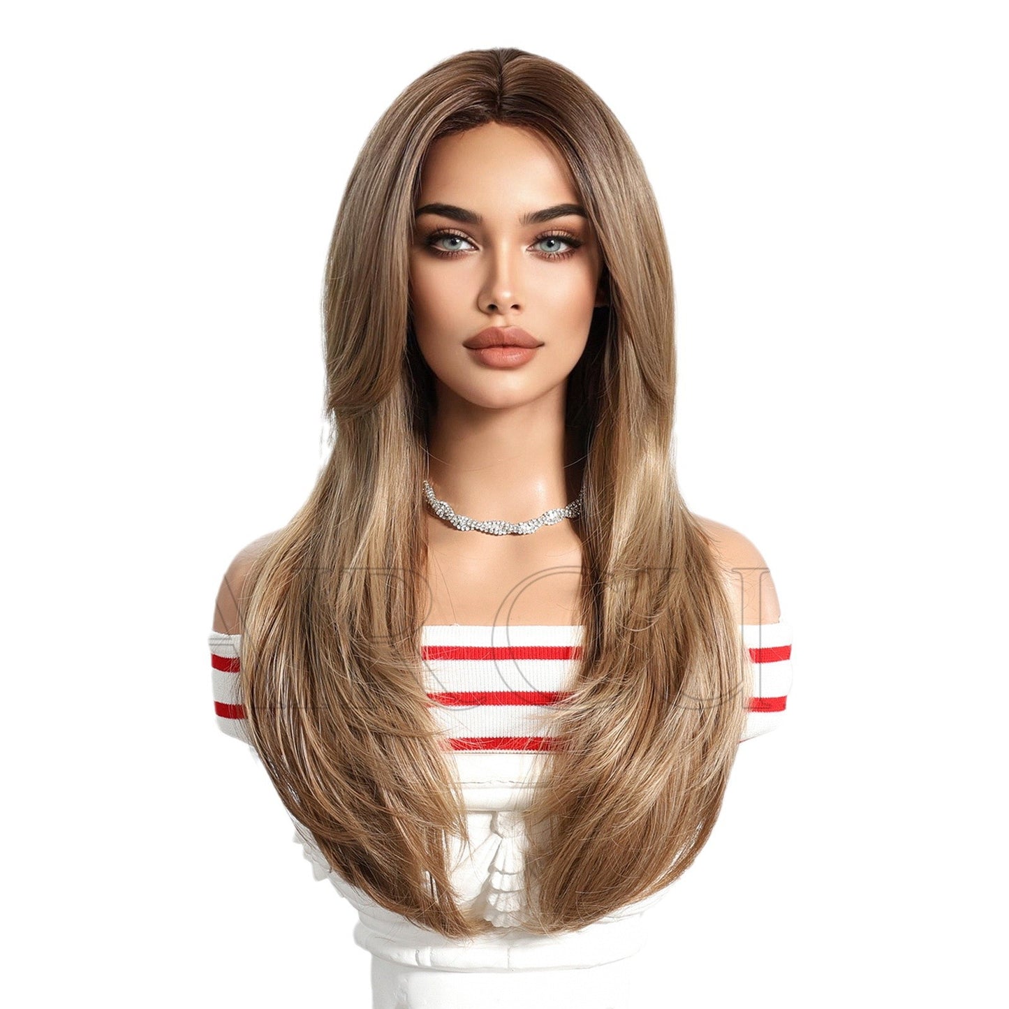 Synthetic Wigs Golden Brown Bangs Head Long Straight Wig