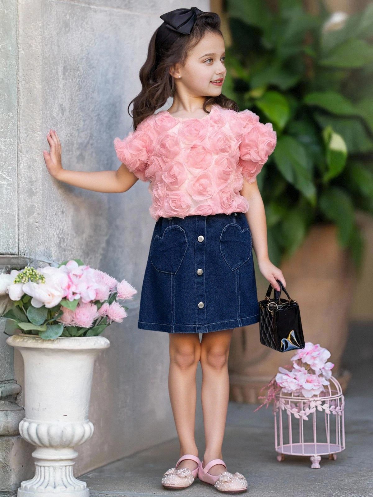 Three-dimensional Rose Short-sleeved Shirt Love Denim Skirt Children's Suit
