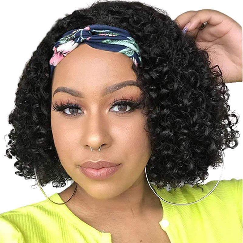 Women's Black Headscarf African Small Volume Synthetic Wig Short Curly Hair