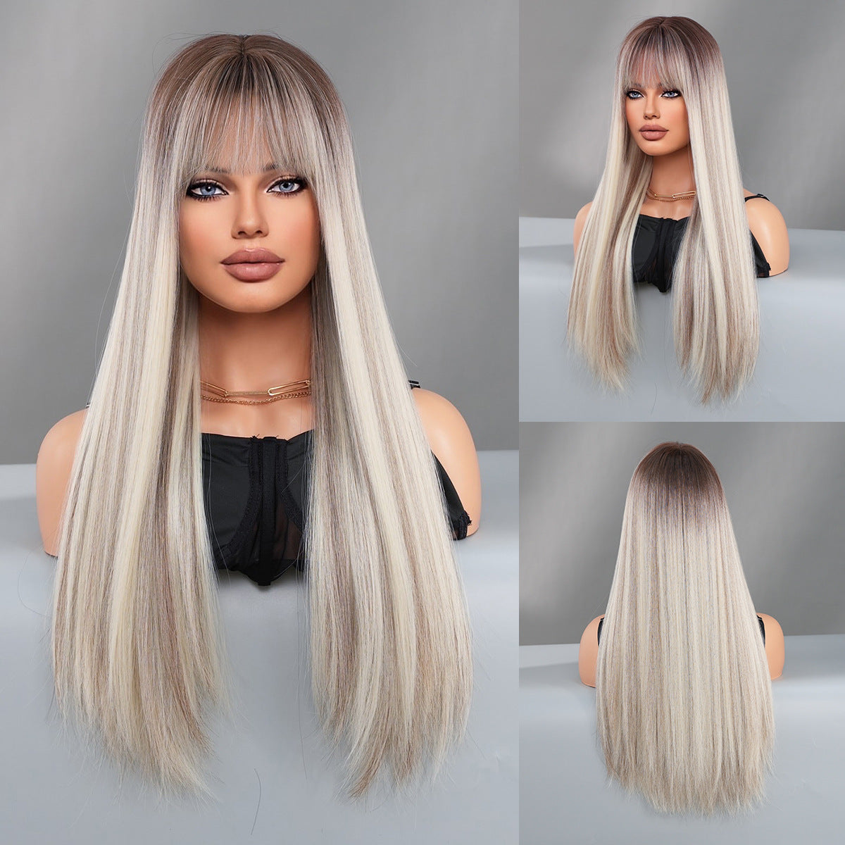 Women's Linen Brown Highlight Hair Fashion Chemical Long Straight Wig
