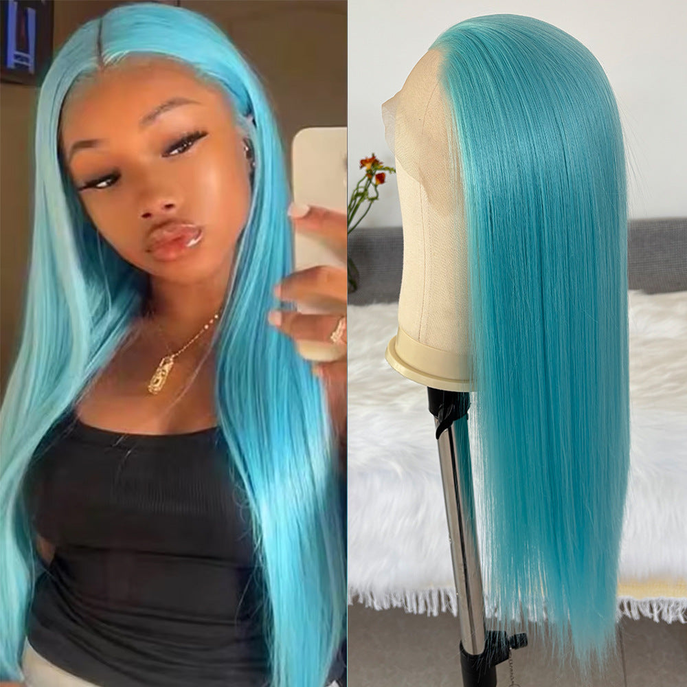 Chemical Fiber Blue Forehead Lace Head Long Straight Wig