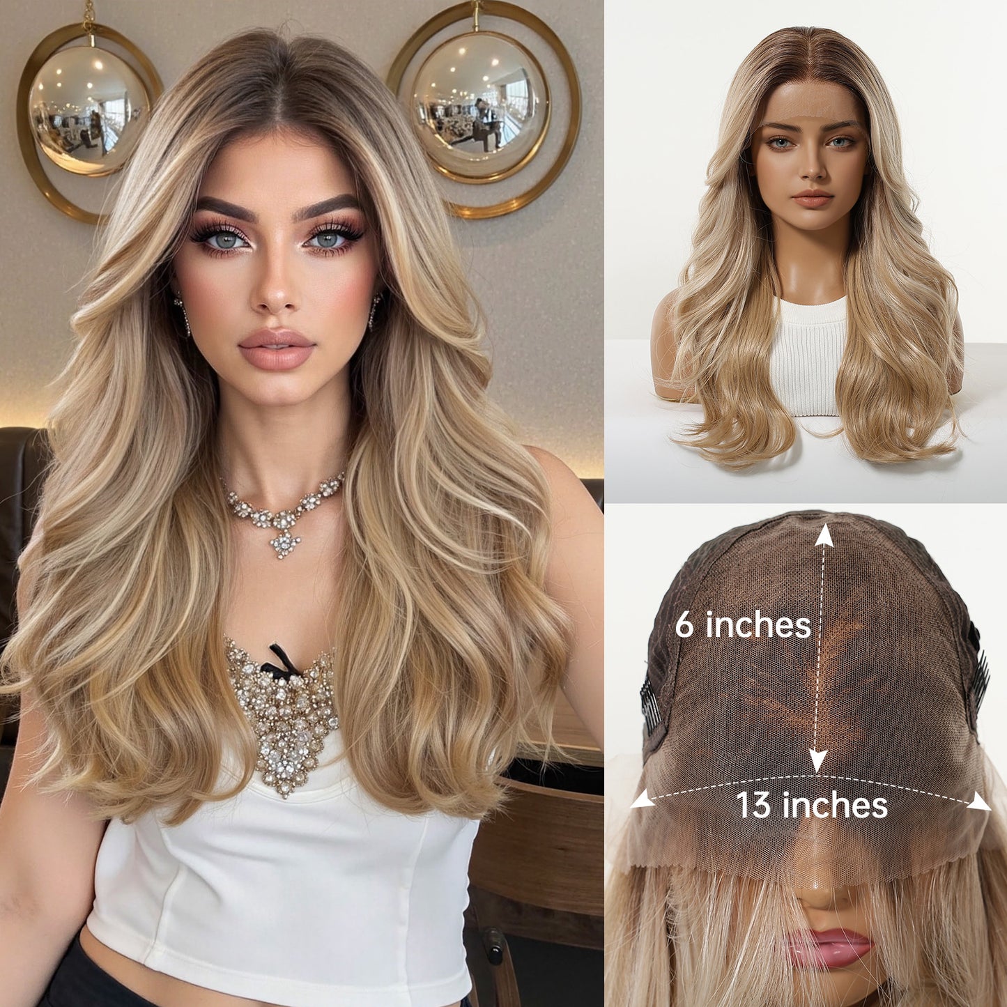 Large Area Lace Gradient Golden Curly Hair Wig Long Curls