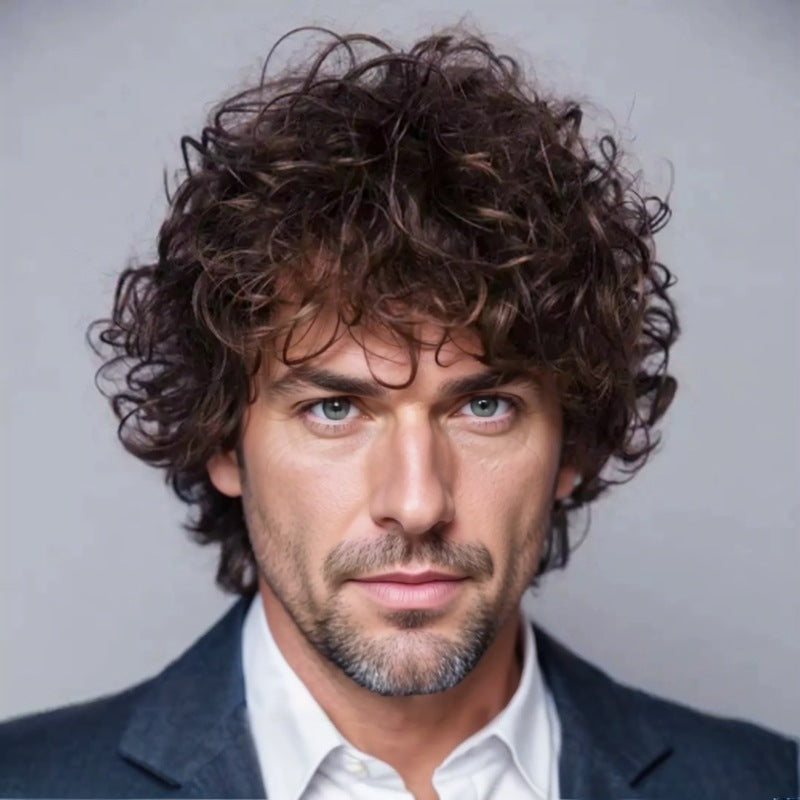 Men's Fluffy Dark Brown Bangs Short Hair Curly Piece Men's Wig