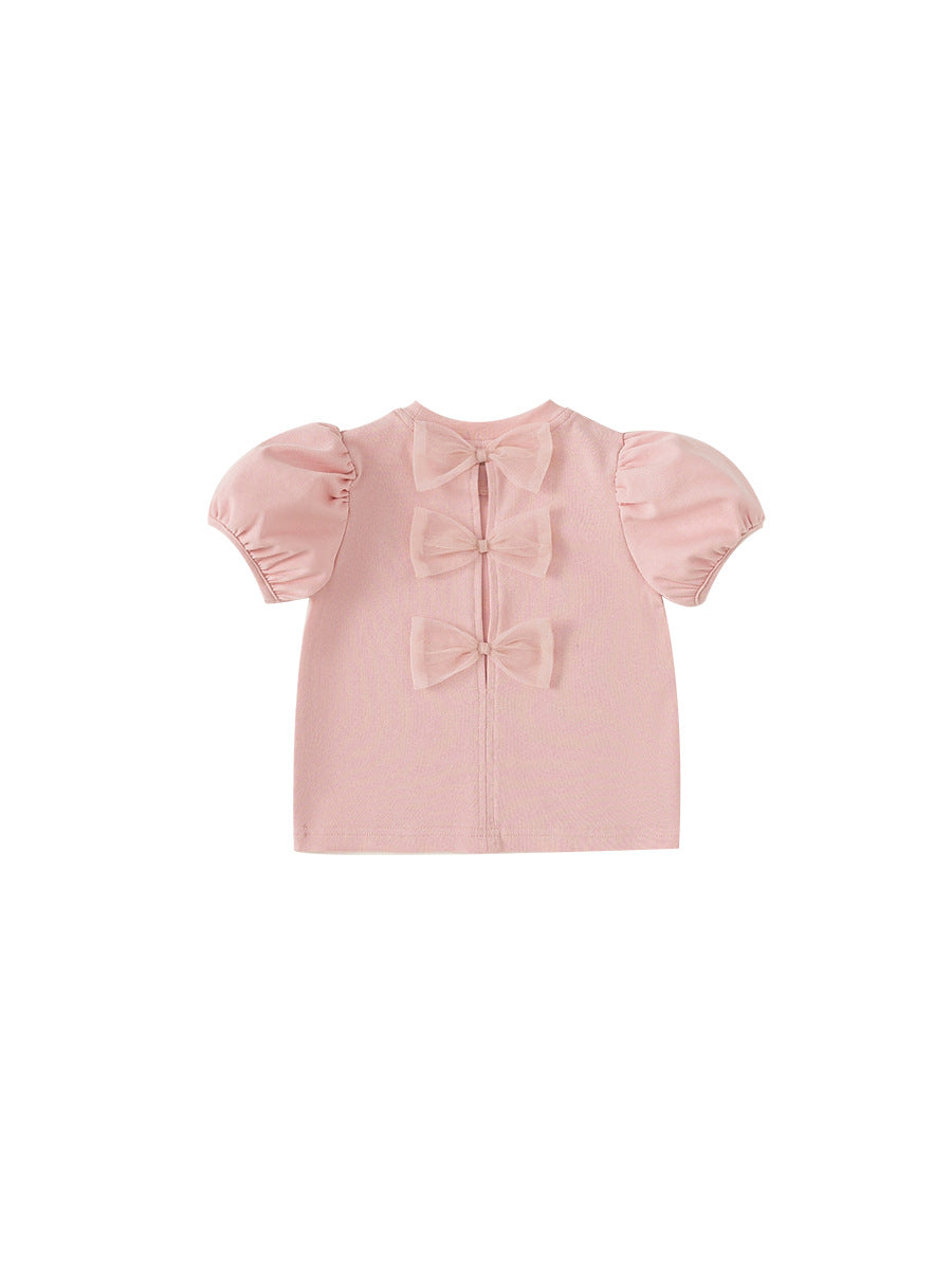 Children's Clothing Puff Sleeve Top Summer Sweet Solid Color Back Children's T-shirt