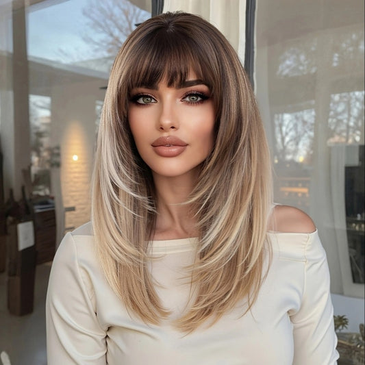 Brown Gradient Bangs Top Dyed Layered Long Straight Wig