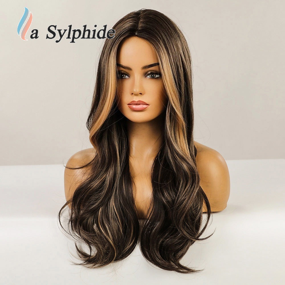 Brown Gradient Hair Fiber Mechanism Medium Curly Tie Up Bun Wig Long Curls