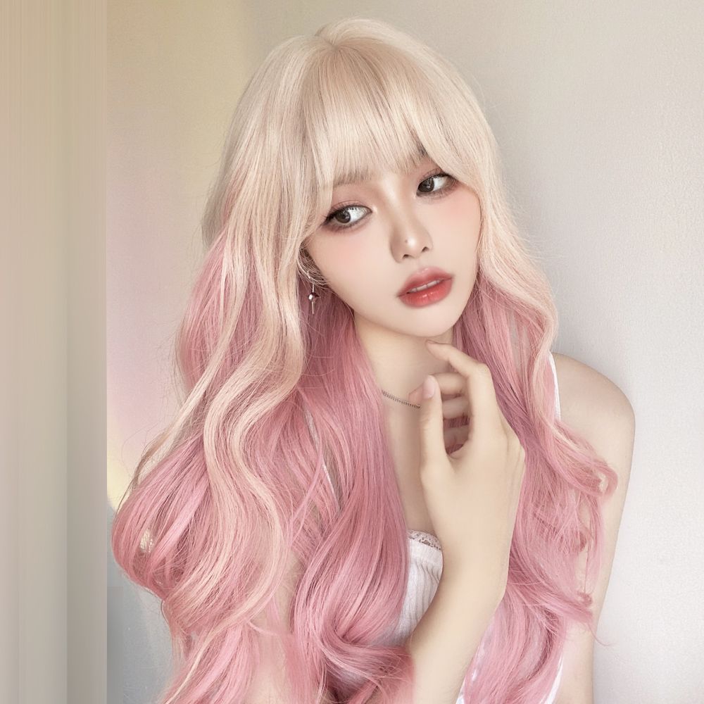 Cherry Pink Platinum Color Gradient Curly Hair Wig Long Curls