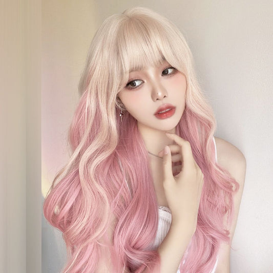 Cherry Pink Platinum Color Gradient Curly Hair Wig Long Curls