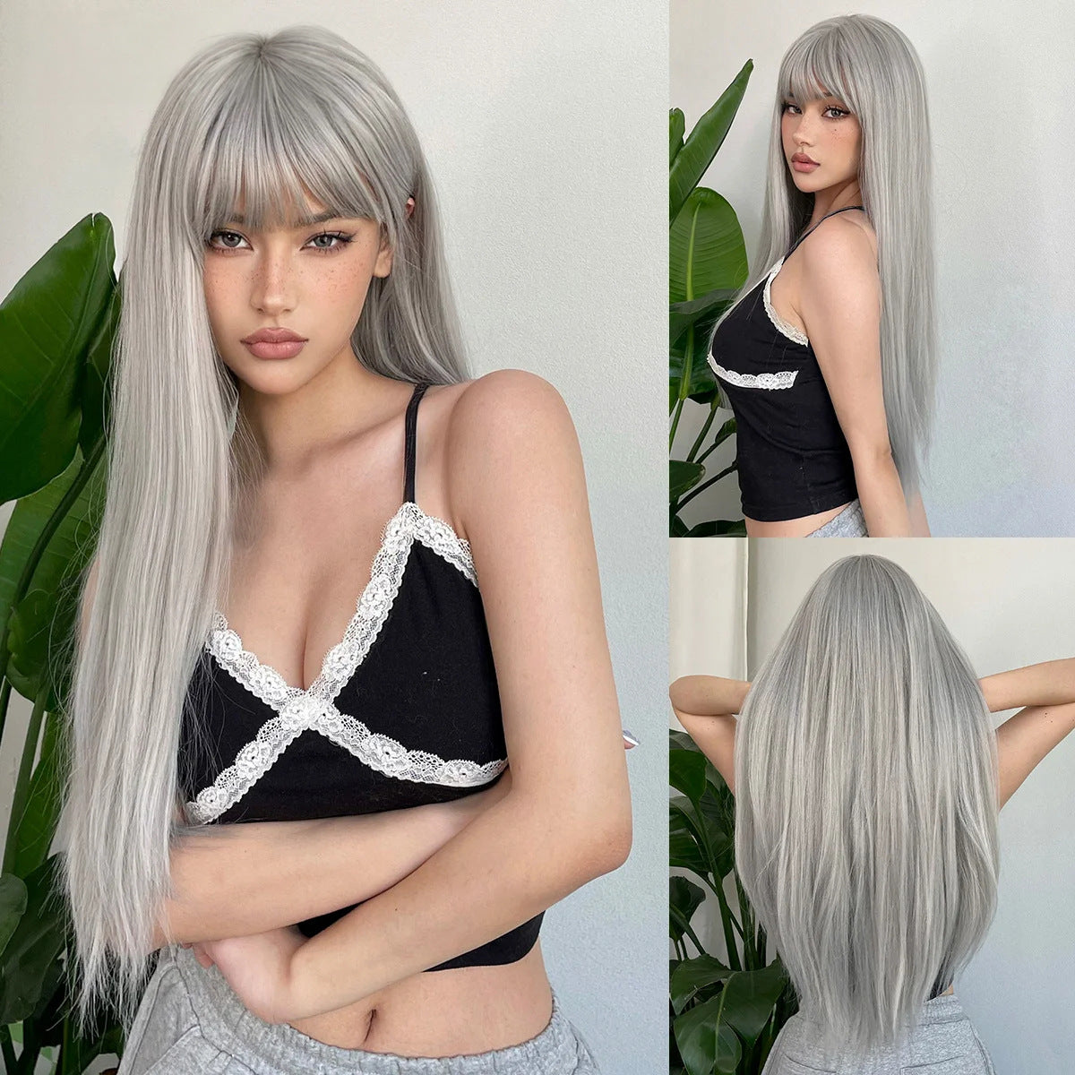 Women's Hair Korean Style Bangs Blue Natural Wig Long Curls