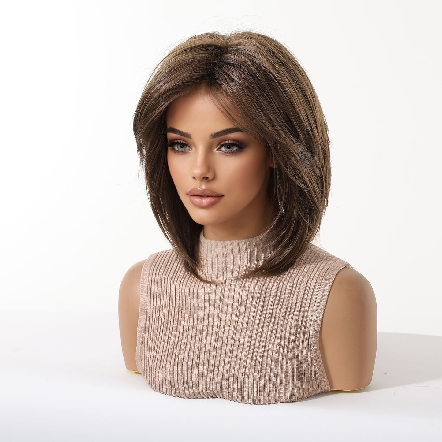 Women's Short Wave Head Gray Brown Highlight Long Straight Wig