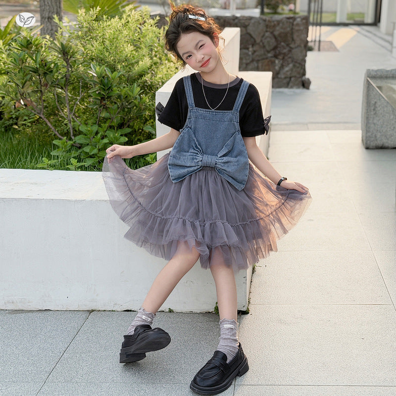 Sweet Denim Brace Yarn Skirt Short Sleeve Mesh Children's Suit