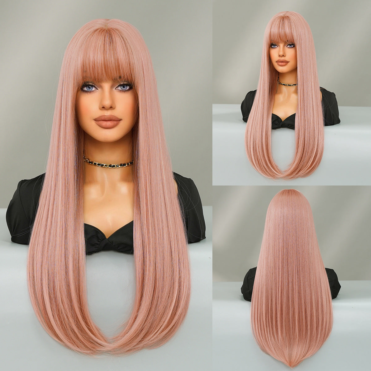 Women's Caramel Mocha Bangs Inner Buckle Layered Long Straight Wig