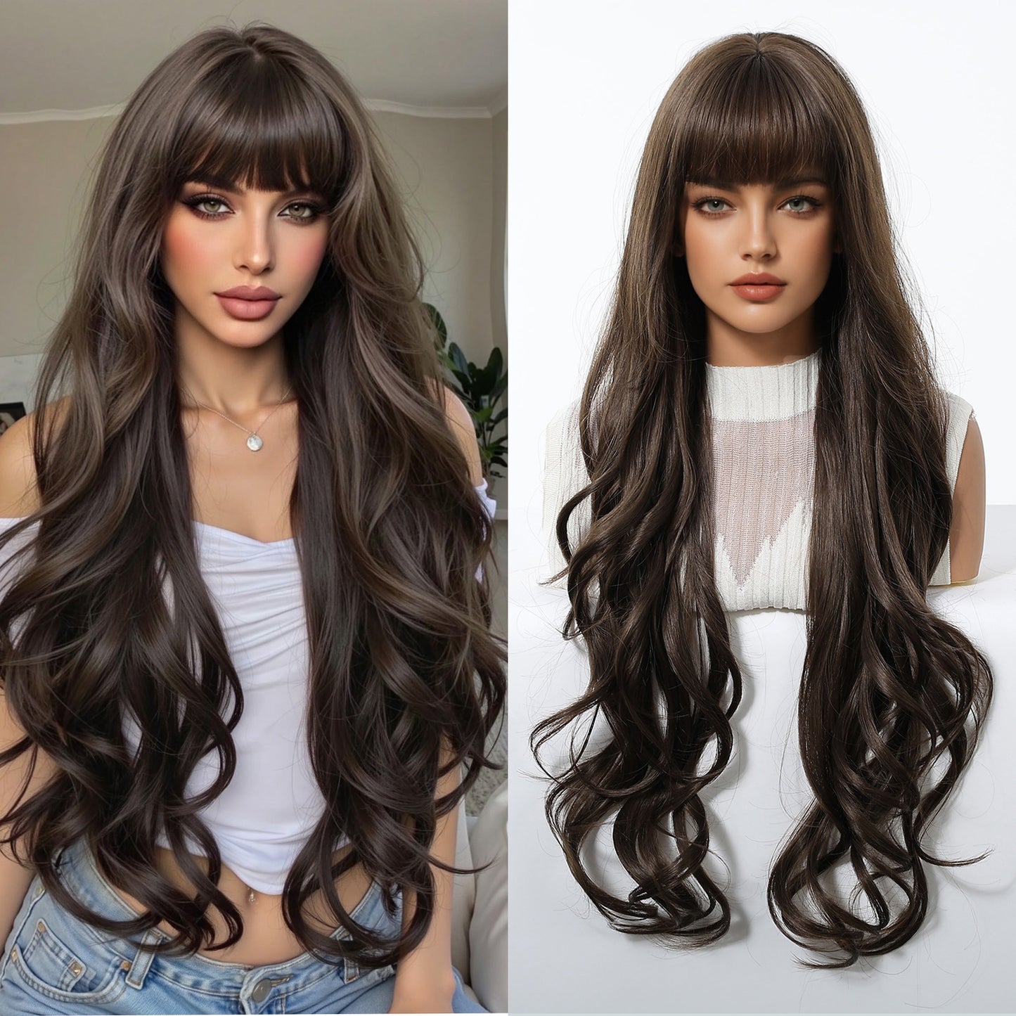 Female Big Wave Roman Curly Bangs Hair White Gold Color Wig Long Curls