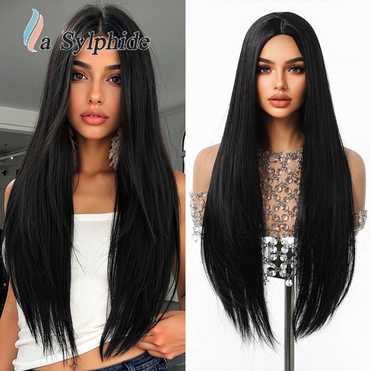 Women's Black Mid-length Hair Matte Fiber Long Straight Wig