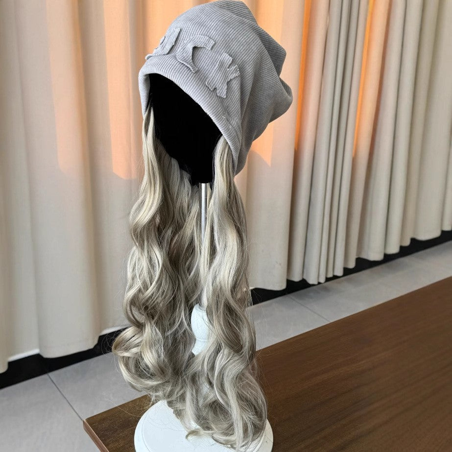 Beanie Hat One Detachable Fashion Cool Gray Street Pile Heap Wig Long Curls