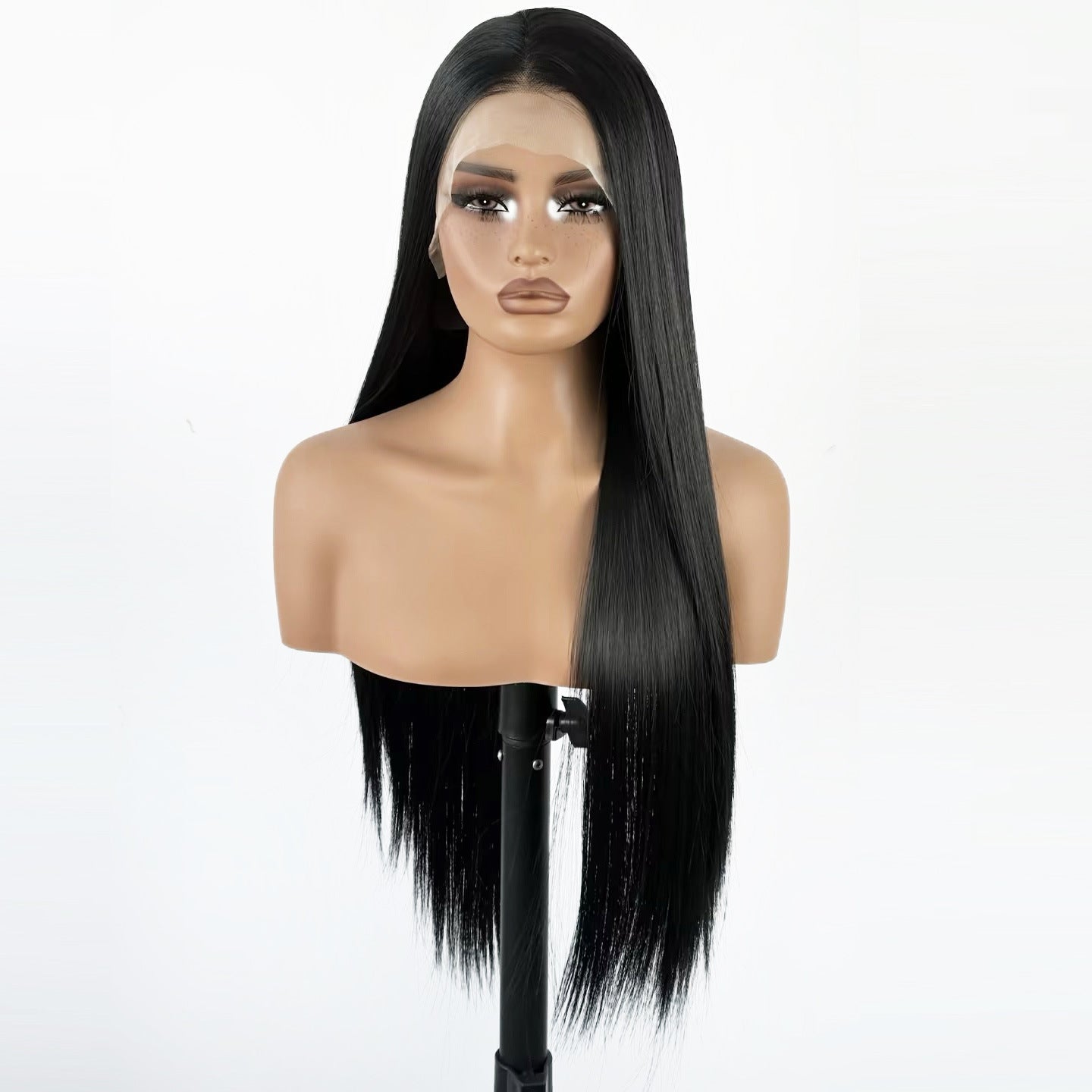 Female Black Hair Matte Fiber Forehead Lace Hand Long Straight Wig