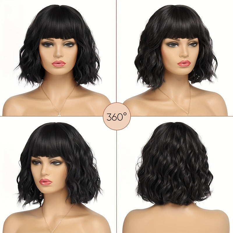 Women's Wavy White Bob Bangs Soft Synthetic Wig Short Curly Hair