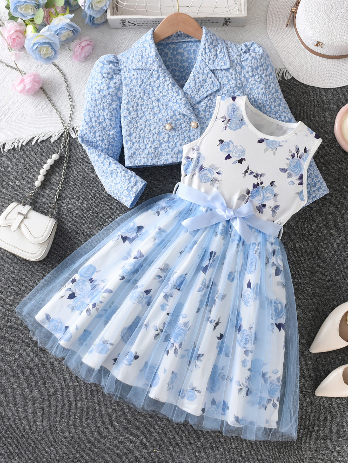 Floral Coat Rose Printed Mesh Princess Children's Suit