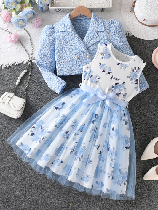 Floral Coat Rose Printed Mesh Princess Children's Suit