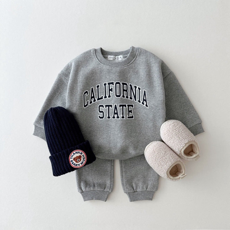 Children's Clothing Boys Suits Lettered Casual Brushed Hoody Warm Children's Suit